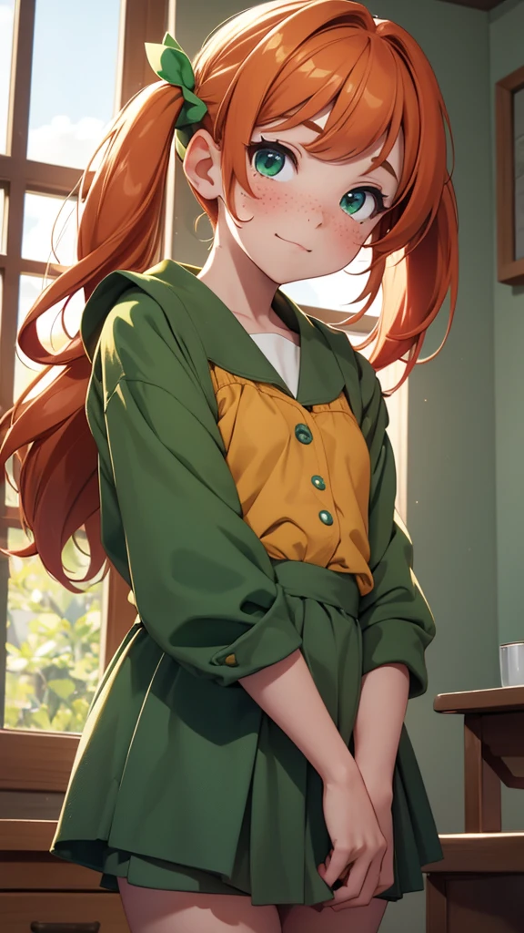 (masterpiece), (4k), )vivid colors), (evening light)  girl with ginger hair, innocent face, freckles and 2 green pigtails dressed as a flat chested girl