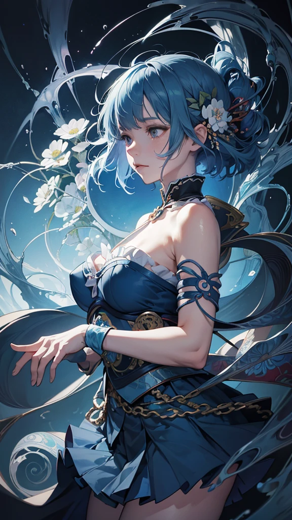 Official Art, unity 8k wallpaper, Very detailedな, Beautiful yet fleeting、beautiful, masterpiece, Highest quality, Japanese style,blue flower (zenTangle, Mandala, Tangle, enTangle), Flower Ecstasy,(()) One Girl, Very detailed, Dynamic Angle,Big Breasts、Tight clothing, the most beautiful form of chaos, (()).elegant, Brutalist Design, Vibrant colors, Romanticism, James Jean, Robbie Dawi Anton, Ross Tran, Francis Bacon, It was very cold,Petra Cortright, Gerhard Richter, takato yamamoto, Ashley Wood, Atmospheric,((short blue hair))((Holding a Japanese sword))