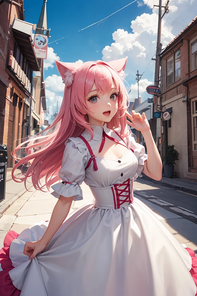 (score_9,score_8_up,score_7_up,score_6_up,score_5_up,score_4_up),(masterpiece, top quality, best quality, official art, beautiful and aesthetic:1.2), animation,, , 1girl with cat ear, perfect figure, pink hair, complex details, animation style, secondary style, outdoor, excitement, white dress, pink hair ,