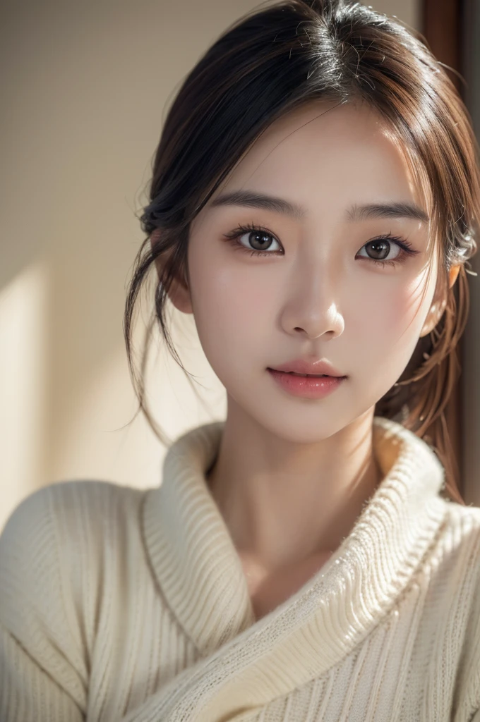 cute asian girl, 1girl, detailed eyes, detailed lips, extremely detailed face and portrait, sweater, phone lighting, intricate details, small smile, photorealistic, (best quality,4k,8k,highres,masterpiece:1.2),ultra-detailed,(realistic,photorealistic,photo-realistic:1.37)