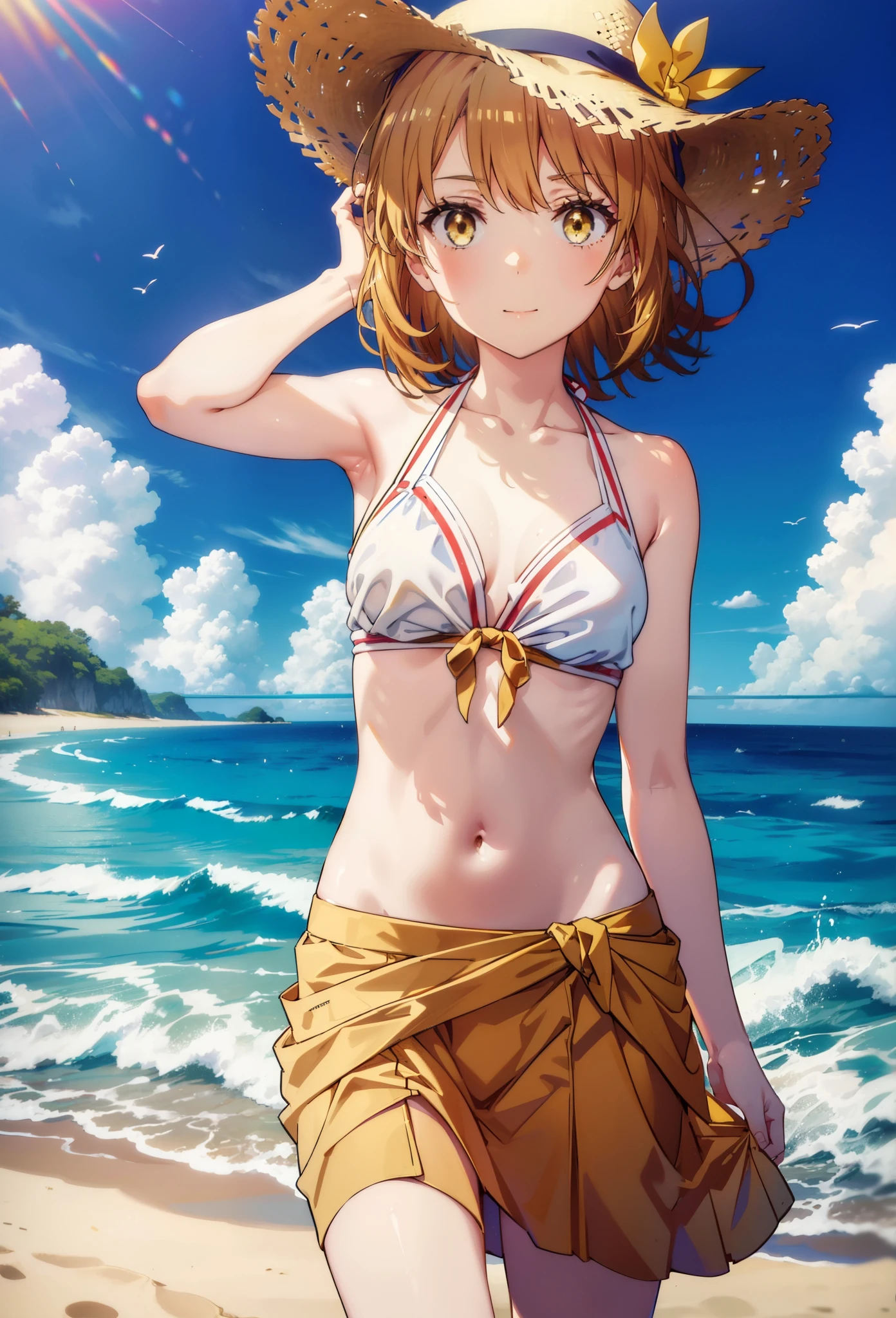 Irohaisshiki, isshiki iroha, short hair, Brown Hair, (Brown eyes:1.5),Open your mouth,clavicle,smile,Straw hat,Bikini Swimwear,barefoot,A long, thin skirt wrapped around the waist,belly button,abdomen, Dancer, gold belly Dancer,whole bodyがイラストに入るように,Strolling on the sandy beach,
break outdoors, Beach,
break looking at viewer, whole body,
break (masterpiece:1.2), Highest quality, High resolution, unity 8k wallpaper,, (shape:0.8), (Beautiful attention to detail:1.6), Highly detailed face, Perfect lighting, Highly detailed CG, (Perfect hands, Perfect Anatomy),