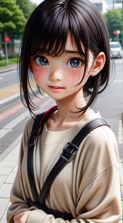 High resolution, Highest quality, super high quality, Very detailed, 8k、Embarrassing、Sweaty、Sweat、Embarrassing、(masterpiece:1.2, Highest quality), (Realistic, photoRealistic:1.4), Beautiful illustrations, (Natural Side Lighting, Cinema Lighting), View your viewers, whole body, 1 girl, Japanese, high school girl, Perfect Face, Cute and symmetrical face, Glowing Skin, Baby Face, (,Black Hair)black eye, Big eyes, Droopy eyes, (Center of chest, Captivating thighs, Big Ass)