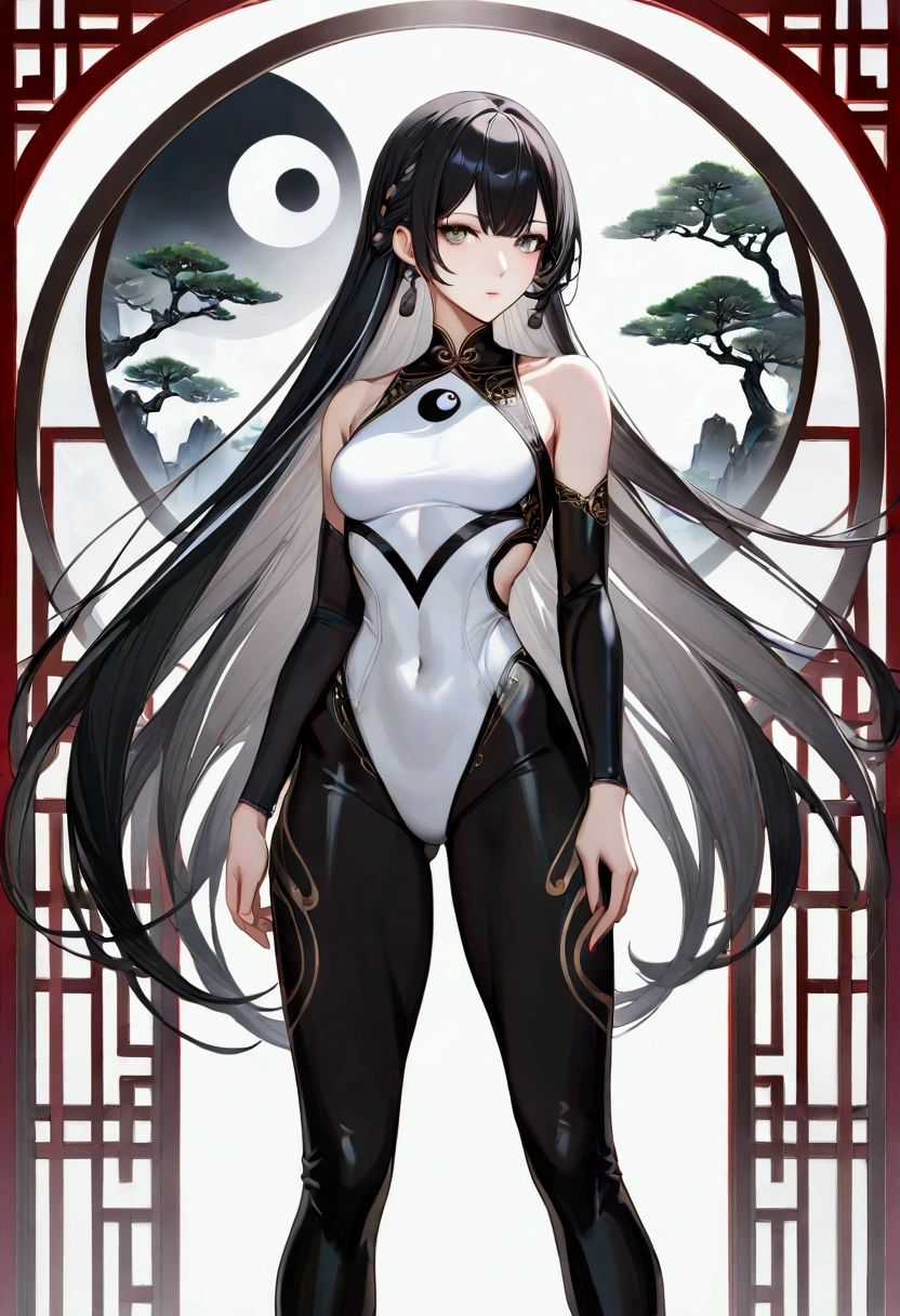 A girl with long black hair with white peekaboo highlights, white eyes, fair skin tone, slender and athletic built, ying yang full clothed, detailed hair, detailed body, best quality, aesthetic, 8k