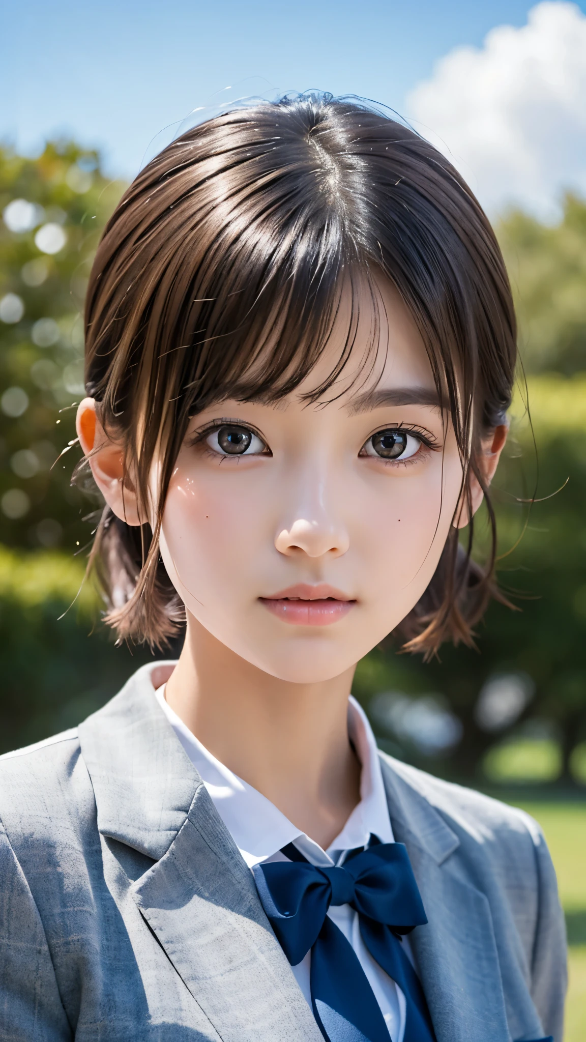 One Girl，(1人のとてもcute女の子:1.3)，masterpiece，Highest quality，High resolution，From below，Low - Angle，Photorealistic，RAW Photos，Ray Tracing，Physically Based Rendering，beautiful girl，(:1.3)，cute，Big eyes，(detailed pupils:1.2)，(The face is facing straight ahead:1.3)，Body facing forward，Beautiful nose，Upturned nose，Fuller lips，Short black hair，ponytail，short hair，Detailed eyelashes，Thin eyebrows，Very fine grain definition，(Symmetrical eyes，Golden Ratio:1.3)，(Face Focus:1.0)，Small breasts，Short neck，Navy Blue Blazer，Red checked pleated skirt，School uniforms，coastal，Blue sky，White cloud，School uniforms，Portrait，View Viewer，Upper Body，Cinema Lighting，High resolution，Very detailed