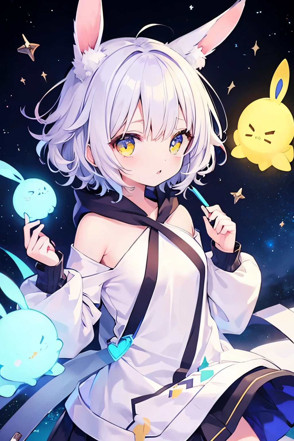 Very beautiful and 輝く目、Glowing yellow eyes、((1 girl))、Small breasts、Big Mouth、Small breasts、Bunny ears、Light blue curly short hair、Hoodies with long sleeves