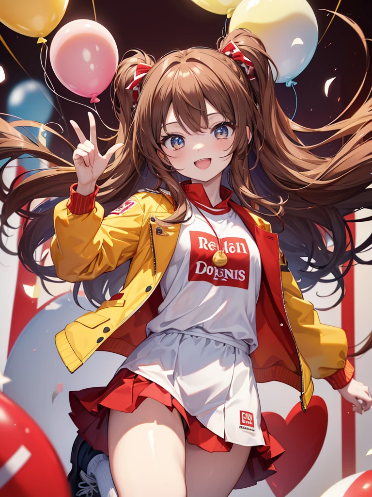 Masterpiece, Highest quality, Ultra-high resolution, Ultra HD,Long brown hair, red and yellow mini skirt, red jacket, yellow T-shirt with logo, light blue eyes, red microphone, jumping, smiling, red and white balloon