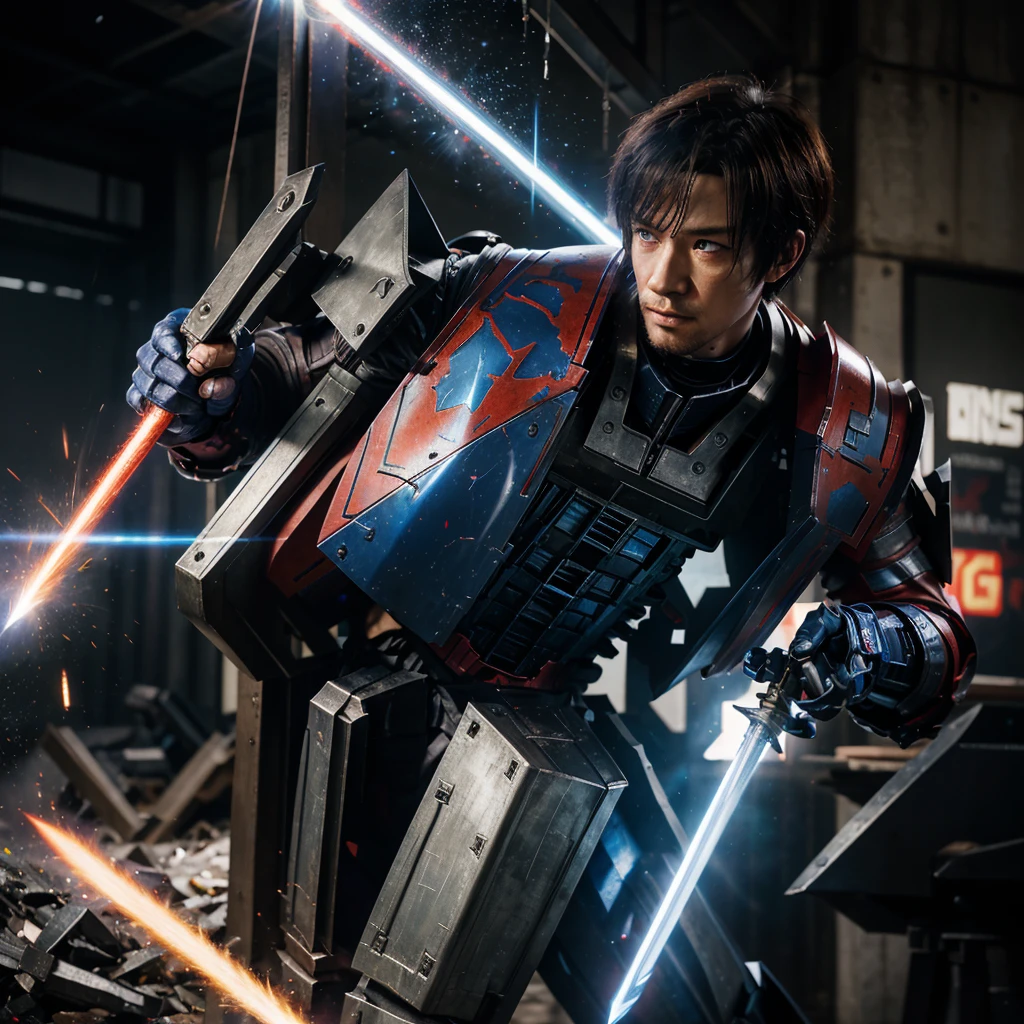 a close up of Optimus Prime from Transformers the movie swing a sword, realistic metal suit, realism art, style league of legends, inspired by Li Shida, fighting game character, tracer, red and blue color, glow particle, realistic suit, sword, realistic sword, realism masterpiece, lighting, strong realistic texture, 8k