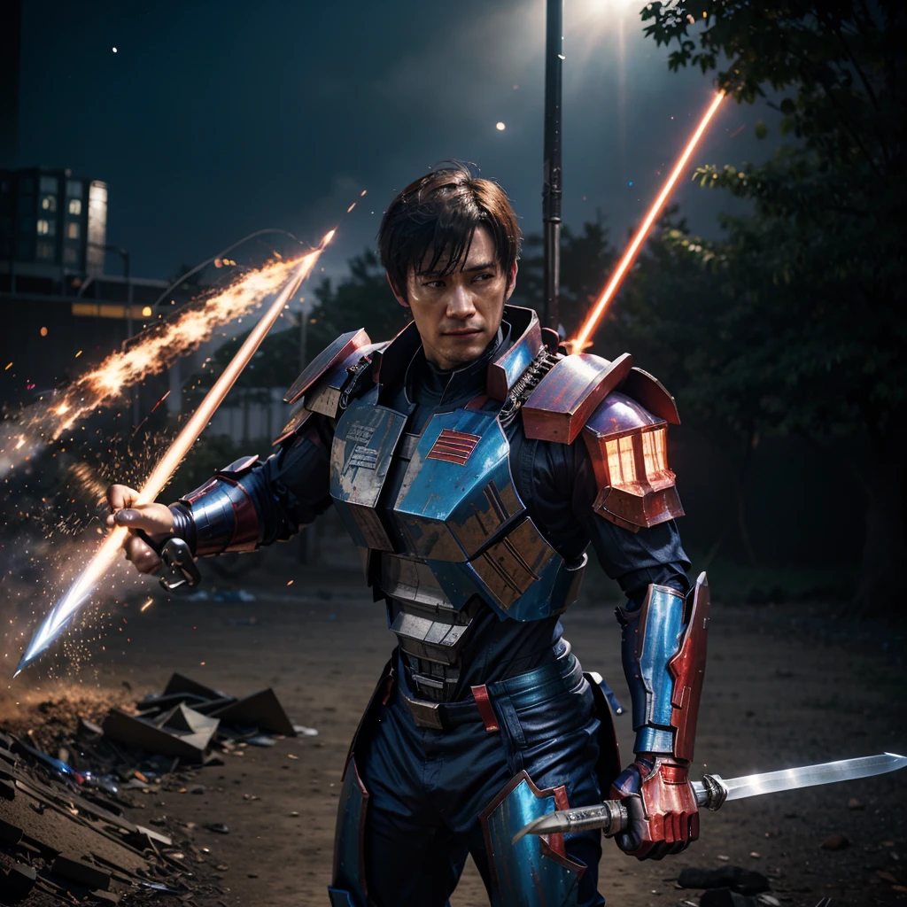 a close up of Optimus Prime from Transformers the movie swing a sword, realistic metal suit, realism art, style league of legends, inspired by Li Shida, fighting game character, tracer, red and blue color, glow particle, realistic suit, sword, realistic sword, realism masterpiece, lighting, strong realistic texture, 8k
