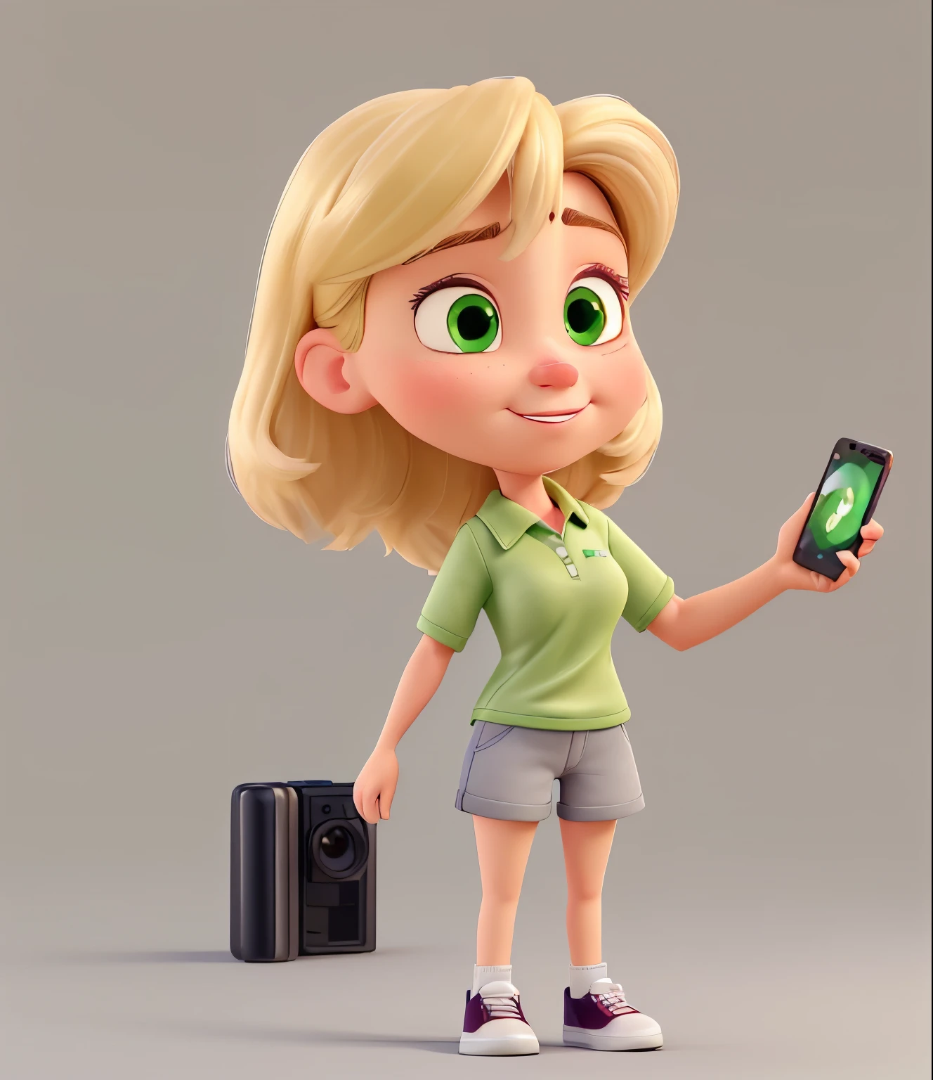 Create a high-resolution, detailed 3D Pixar-style mascot of a woman. She has short, voluminous blonde hair that reaches just to her shoulders. She is of average height and weighs approximately 70 kg. Her eyes are dark brown, and she has fair skin. The woman is dressed in a green polo shirt, gray shorts, and white sneakers. She should appear elegant and cheerful, holding a smartphone in one hand and clearly showing it to the camera. Ensure that the smartphone is visible and that the character is vibrant, animated, and has a polished appearance