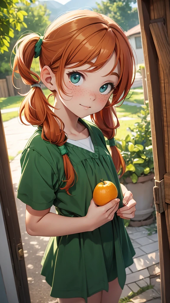 anime character holding an orange in front of her face, she is eating a peach, sayori, some orange and blue, a human-like juicy peach, orange head, orange skin, by Naka Bokunen, けもの, holding a tangerine, by Shingei, she is easting a peach, cyan and orange