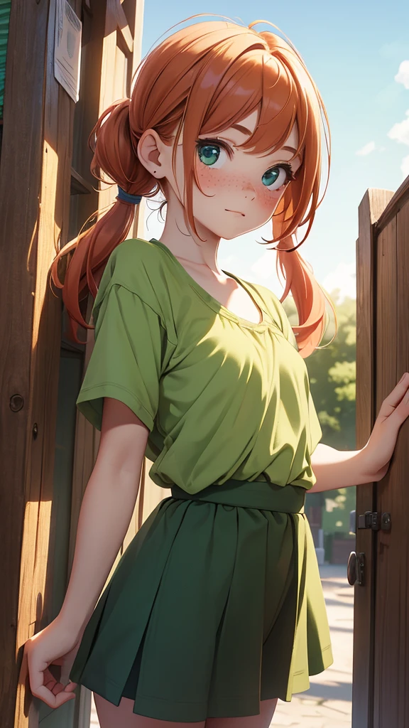 (masterpiece), (4k), )vivid colors), (evening light) 12 year old girl with ginger hair, innocent face, freckles and 2 green pigtails dressed as a flat chested girl