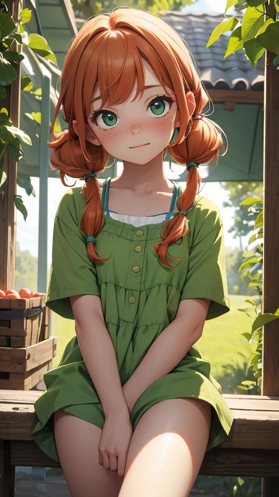 (masterpiece), (4k), )vivid colors), (evening light) 12 year old girl with ginger hair, innocent face, freckles and 2 green pigtails dressed as a flat chested girl