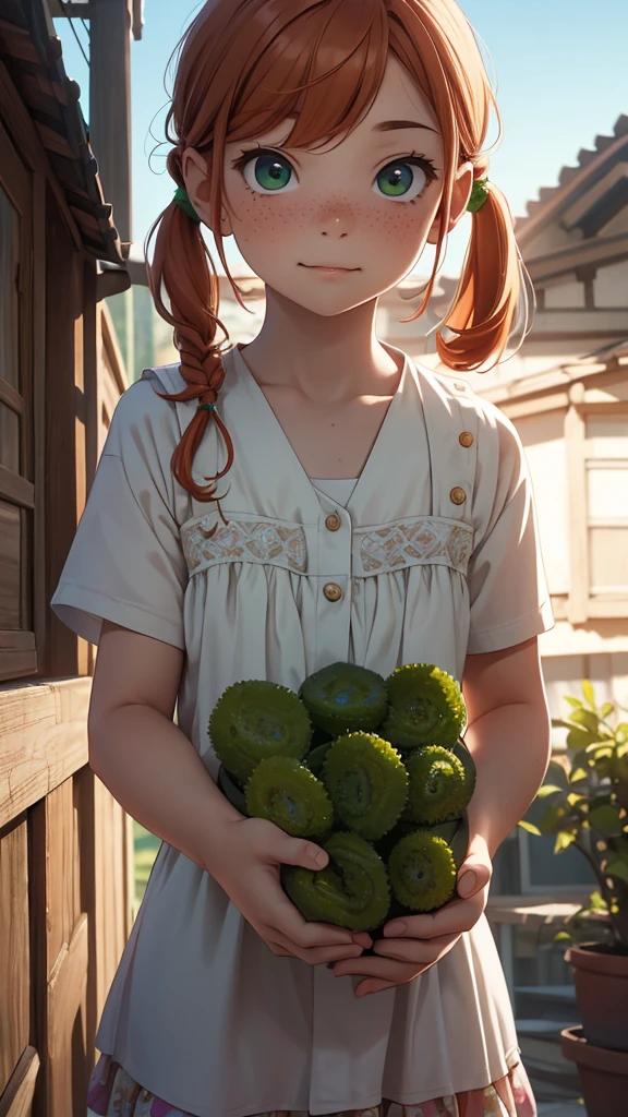 (masterpiece), (4k), )vivid colors), (evening light) 12 year old girl with ginger hair, innocent face, freckles and 2 green pigtails dressed as a flat chested girl