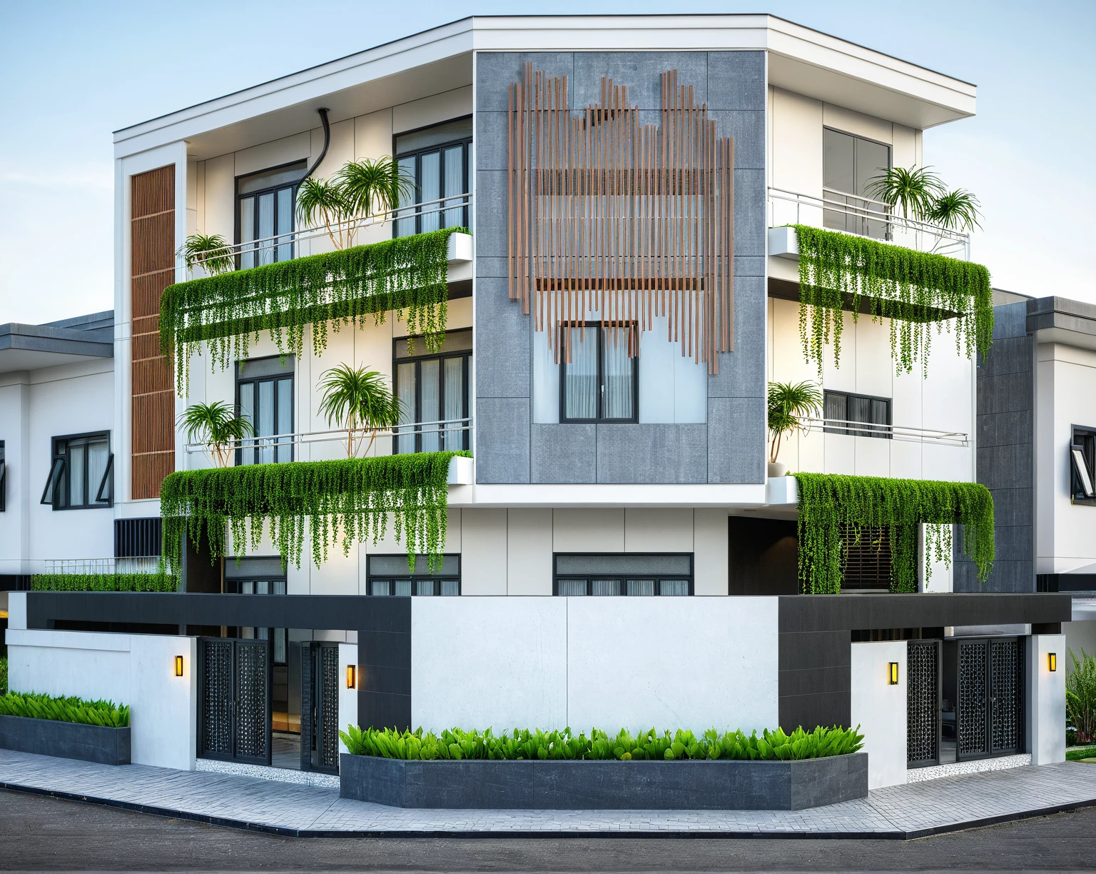 a rendering of a modern building with a balcony and a balcony, exterior design, residential design, concept house, inter dimensional villa, front elevation view, modern lush condo as shopfront, architectural concept, complete house, mid-view, frontview, elevation view, contemporary house, overall architectural design, comprehensive 2 d render, residential, front-view, modern architecture design, realistic material, RIGHT GATE FOR CAR ENTRANCE.
