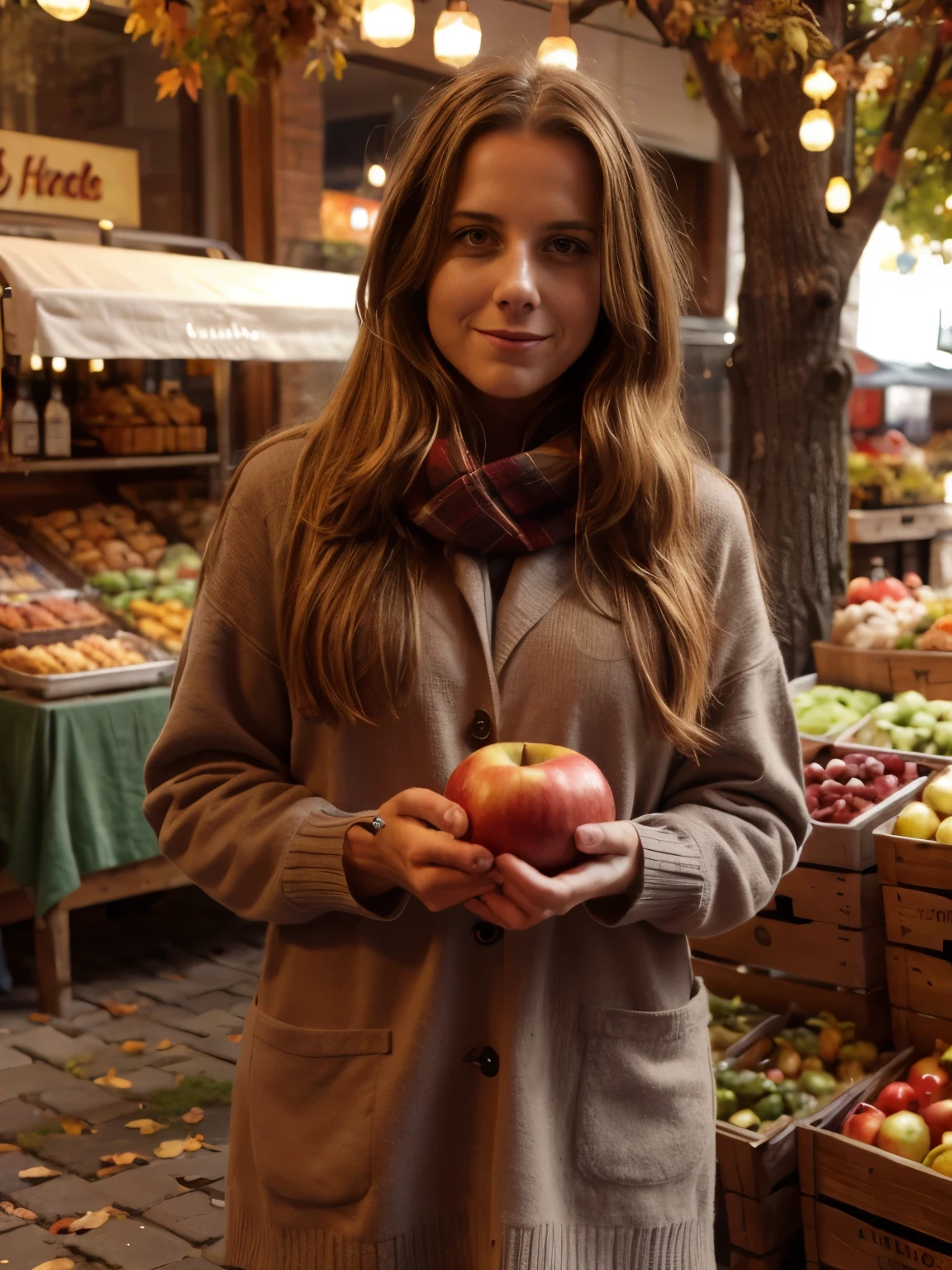 Autumn at Hamburg Fischmarkt
On a cool, crisp autumn morning in 1880 at Hamburg’s Fischmarkt, the scene is lively and rich with fall colors. A slender, seductive woman with a slightly smiling expression and a positive demeanor stands in a woolen, deep brown dress with a high waistline and three-quarter sleeves, complemented by a warm shawl. Her honey-red hair, adorned with autumn leaves, contrasts beautifully with her tan skin and ice-blue eyes.
The Fischmarkt is bustling with activity as merchants and shoppers enjoy the crisp autumn air. Stalls are filled with seasonal seafood like herring, mackerel, and eels, alongside autumn vegetables and apples. The cobblestone streets are covered with fallen leaves, and wooden barrels are stacked with preserved foods. The atmosphere is warm and festive, with colorful autumn wreaths and the rich hues of fall adding vibrancy to the scene.
Additional items include:
Wooden crates of apples
Barrels of cider
Hand-woven woolen scarves
Baked goods
Colorful autumn wreaths
Preserved foods
Fallen leaves on the cobblestone streets
