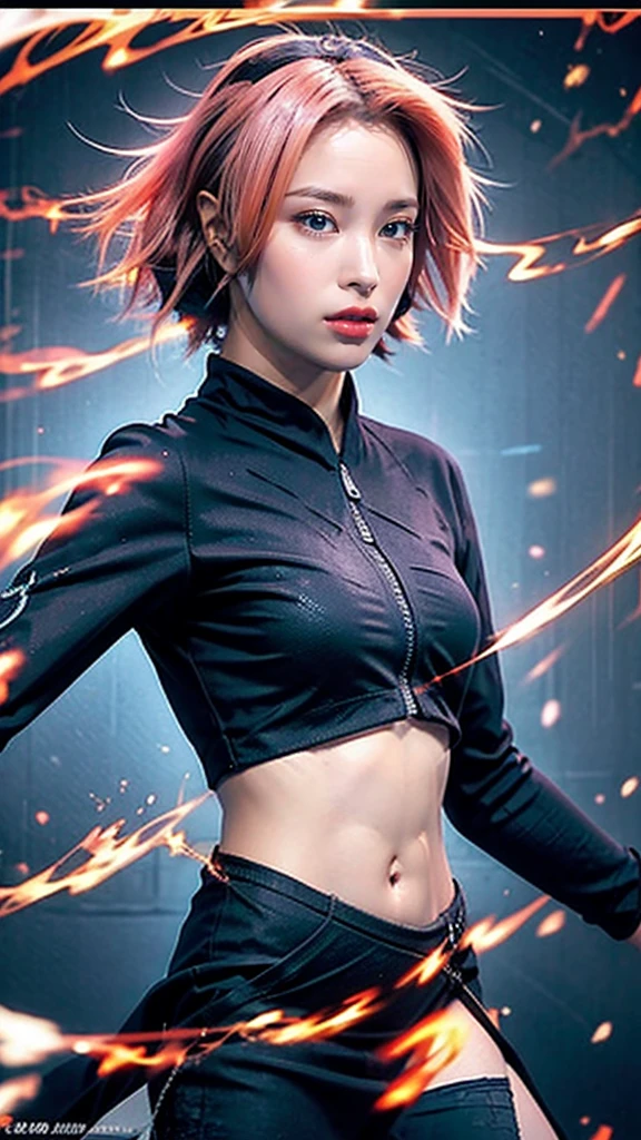 Moisturized skin,Realistic body,(Adult female body),Energetic,(),(Girl),,Crop top,,Collarbone,Earrings,
BREAK,
Bright red lipstick,(Beautiful navel),(Pink hair),Beautiful hair,Short hair,
BREAK,
((Masterpiece+Top quality+High resolution+Very detailed)), (Full body:1.2),Symmetrical,One shot,
BREAK,
(Wind blowing),(Blue electricity),(Fighting stance:1.4),
BREAK,
Assassination,,Fantastic,Dynamism,Very tight leggings,