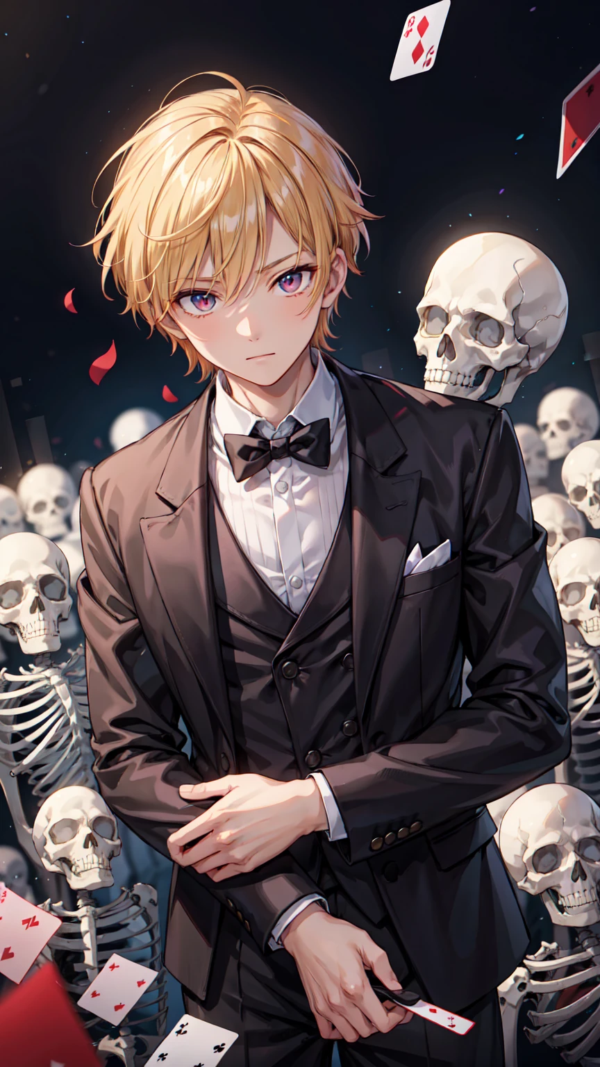 1 boy,handsome,black short hair, conjunctivitis, Side parted hairstyle, vampire, handsome, Elegant and charming magician，ruby eyes，short blonde hair，Emitting a bright light，Behind there were countless skeletons.，Scatter the cards down.，Anime，handsome，look good, stand, nighttime, Close-up photo,Ultra details, HD ulta