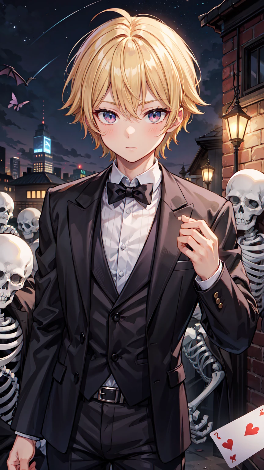 1 boy,handsome,black short hair, conjunctivitis, Side parted hairstyle, vampire, handsome, Elegant and charming magician，ruby eyes，short blonde hair，Emitting a bright light，Behind there were countless skeletons.，Scatter the cards down.，Anime，handsome，look good, stand, nighttime, Close-up photo,Ultra details, HD ulta