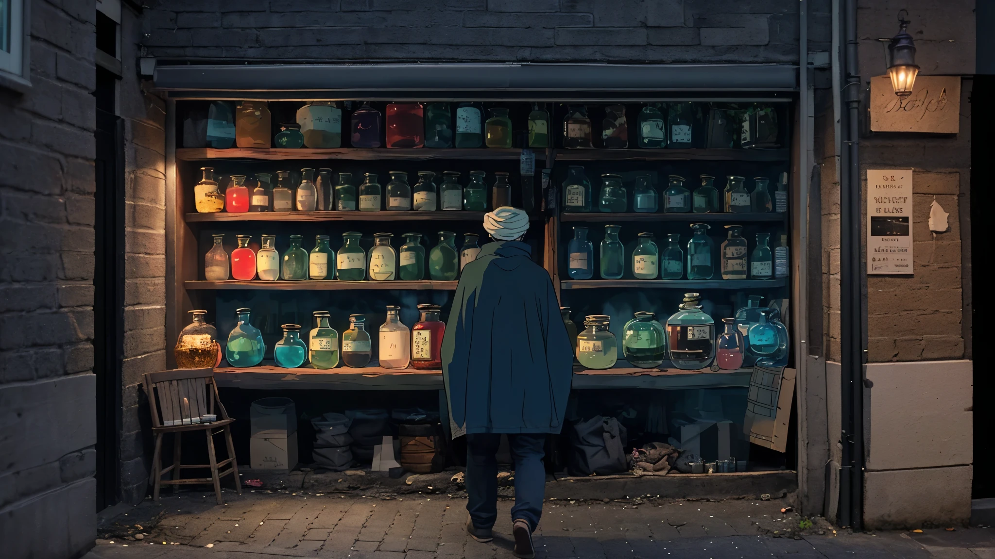 Une boutique de nuit avec un homme de dos les lumières de la ruelle eclairent a travers la fenetre.