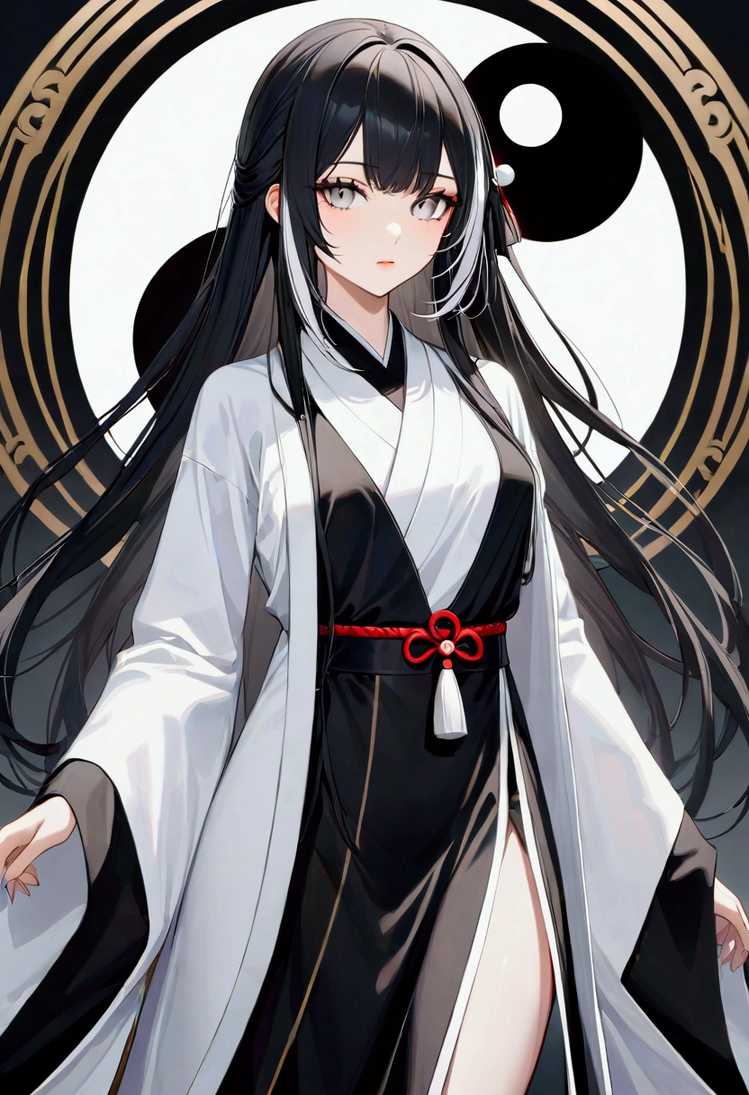 A girl with long black hair with white peekaboo highlights, white eyes, fair skin tone, slender and athletic built, ying yang robes full clothed, detailed hair, detailed body, best quality, aesthetic, 8k