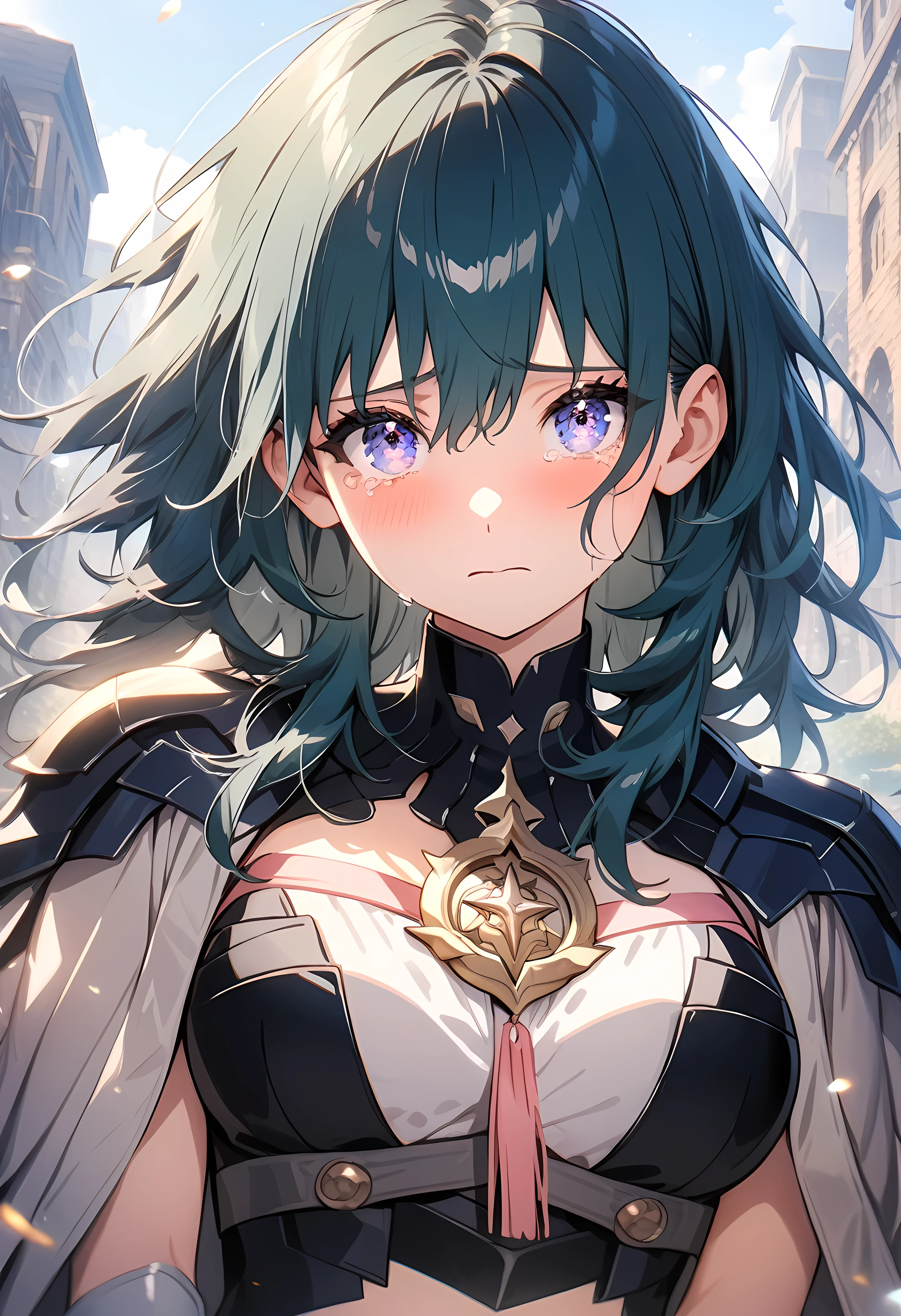 Cinematic, official art, Fancy effects, masterpiece, best quality, very aesthetic, absurdres, 1girl, byleth\(female)\(fire emblem), fire emblem, looking at viewer, upper body, breasts, jacket on shoulders, bodice, armor, midriff, detached collar, sad, city, cinematic angle, shiny skin, shiny hair, face focus, blush, cry, crying, tears, eyelashes, looking at viewer, highly detailed eyes