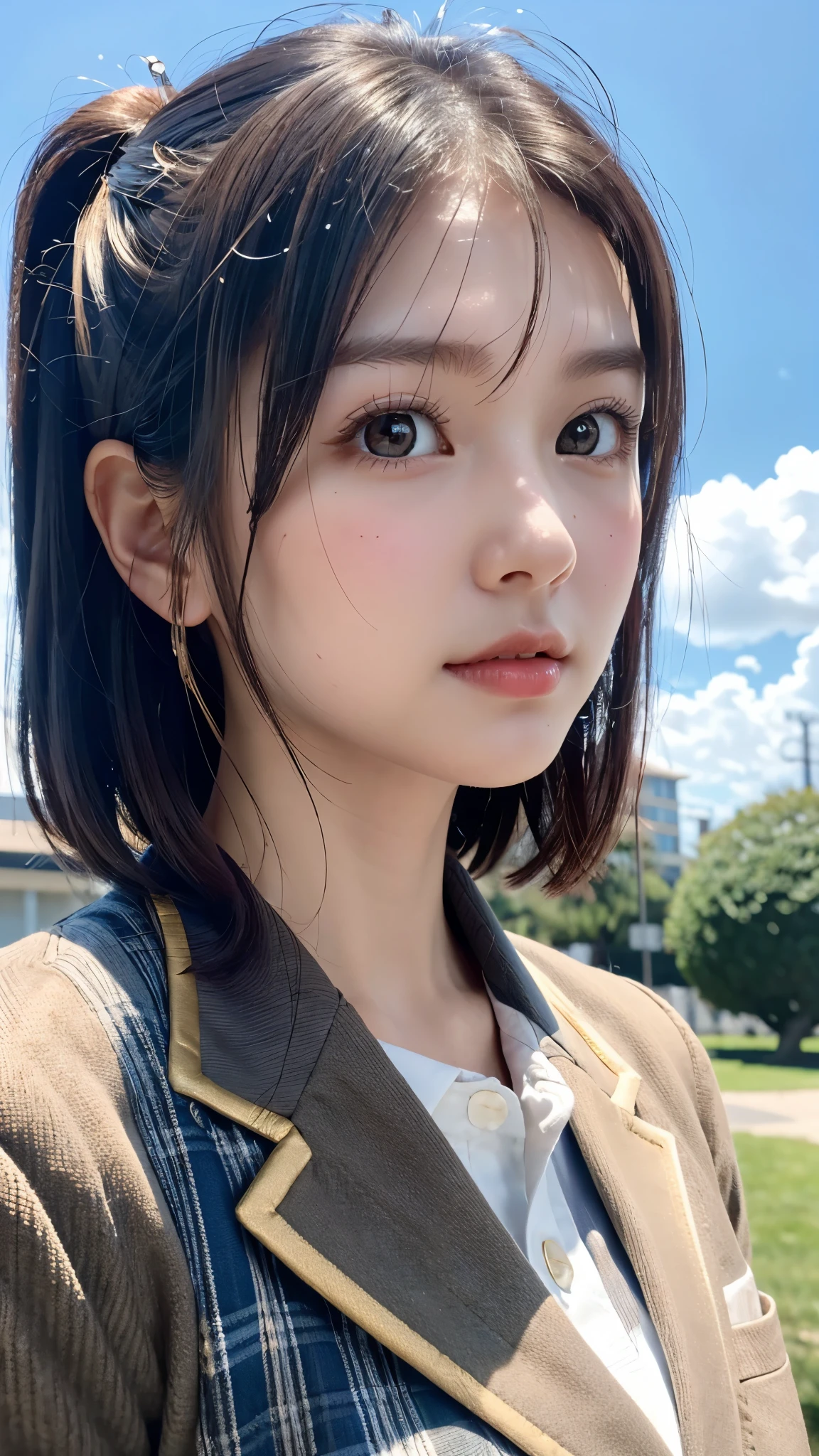 One Girl，(1人のとてもcute女の子:1.3)，masterpiece，Highest quality，High resolution，From below，Low - Angle，Photorealistic，RAW Photos，Ray Tracing，Physically Based Rendering，beautiful girl，(15 years old:1.3)，cute，Big eyes，(detailed pupils:1.2)，(The face is facing straight ahead:1.3)，Body facing forward，Beautiful nose，Upturned nose，Fuller lips，Short black hair，ponytail，short hair，Detailed eyelashes，Thin eyebrows，Very fine grain definition，(Symmetrical eyes，Golden Ratio:1.3)，(Face Focus:1.0)，Small breasts，Short neck，Navy Blue Blazer，Red checked pleated skirt，School uniforms，coastal，Blue sky，White cloud，School uniforms，Portrait，View Viewer，Upper Body，Cinema Lighting，High resolution，Very detailed