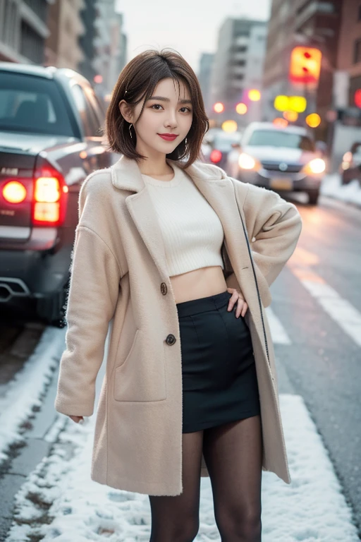 Highest quality, 4K, 8k, Detailed face, Clear Face, Cute Girls, Korean Makeup, Red lips, smile, Perfect body,Straight short hair to the shoulders,Small breasts,thigh,slim,thin, The girl is wearing a long, wide coat, Under the jacket was a top tube and pantyhose., Lower abdomen, Snow Scene, winter, street,Accentuate your butt、Panty lines
