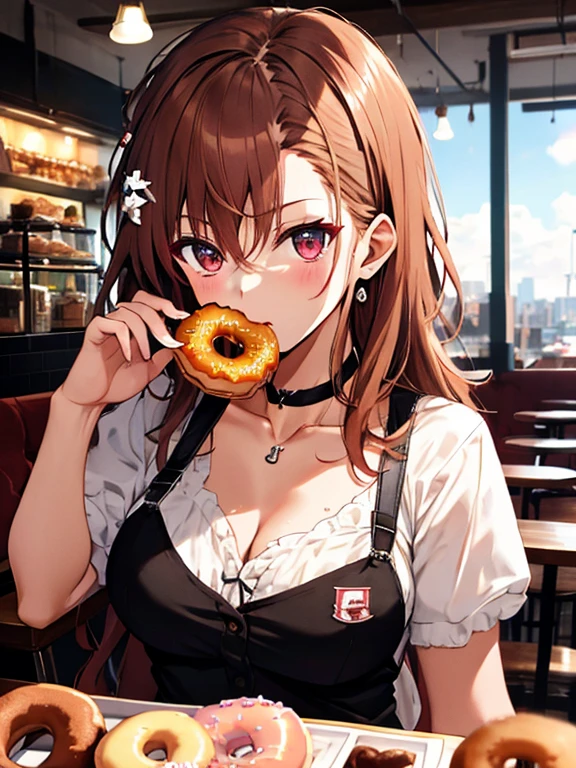 Eating Donuts, The background is a cafe, Stuffing oneself with a donut, Big eating challenge, Misaka Mikoto, 1girl, black choker, uhd, retina, masterpiece, ccurate, anatomically correct, textured skin, super detail, high details, high quality, best quality, highres, 4K