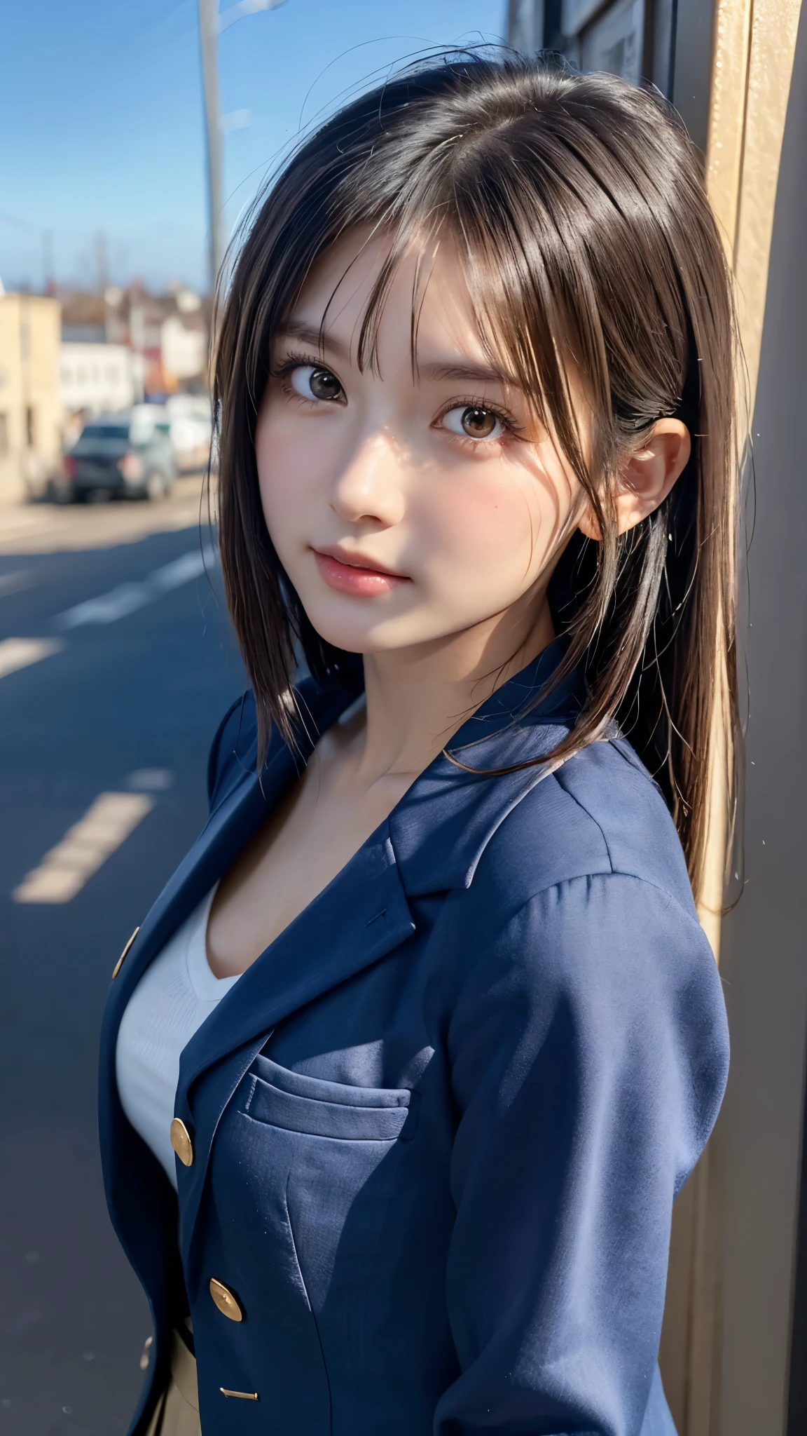 One Girl,(1人のとてもcute女の子:1.3),masterpiece,Highest quality,High resolution,From below,Low - Angle,Photorealistic,RAW Photos,Ray Tracing,Physically Based Rendering,beautiful girl,(15 years old:1.3),cute,Big eyes,(detailed pupils:1.2),(The face is facing straight ahead:1.3),Body facing forward,Beautiful nose,Upturned nose,Fuller lips,Short black hair,ponytail,short hair,Detailed eyelashes,Thin eyebrows,Very fine grain definition,(Symmetrical eyes,Golden Ratio:1.3),(Face Focus:1.0),Small breasts,Short neck,Navy Blue Blazer,Red checked pleated skirt,School uniforms,coastal,Blue sky,White cloud,School uniforms,Portrait,View Viewer,Upper Body,Cinema Lighting,High resolution,Very detailed