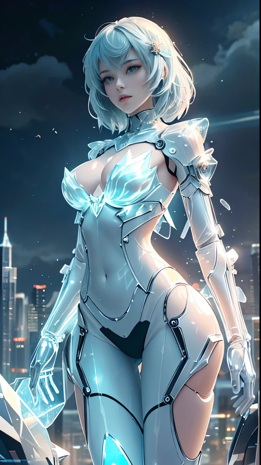 A mysterious translucent mechanical girl，Futuristic Girl, Mechanical joints，Future city background，Model shooting style, (Highly detailed CG Unity 8k wallpaper), The beauty of abstract stylization,，Surrealism, 8k, Super Detail, Highest quality, Awards, Anatomically correct, 16K, Super Detail, (Beautiful face and eyes, double eyelid,Delicate skin,Cool Beauty,Tall Girl ,Slim figure,),Large Breasts, (Eat donuts:1,6)