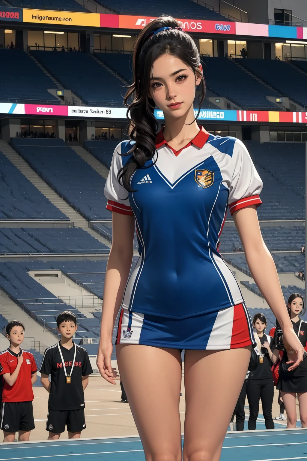 Group of beautiful girls with black ponytail hair, big breasts, wearing cheerleader uniform, mini skirt, smiling, full body shot, inside stadium, (best quality,4k,8k,highres,masterpiece:1.2),ultra-detailed,(realistic,photorealistic,photo-realistic:1.37),1girl,cheerful,energetic,dynamic,vibrant colors,dramatic lighting,stadium,sport,athletic,feminine,graceful