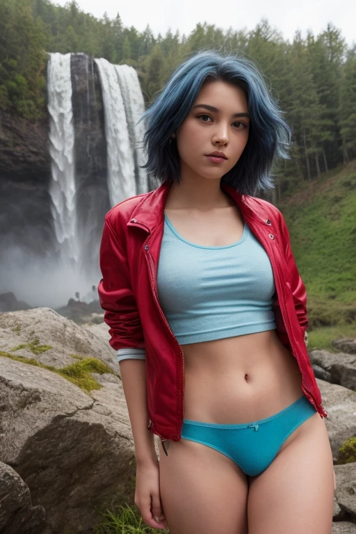 ultra realistic (with huge waterfall in the background) photograph of a 20 year old woman, perfect face, masterpiece, GOOD, underwear, negro_GOOD, jacket, negro ((open panties)) , front shot, front view walking, spectacular lusco, I have blue hair (red highlights.) 