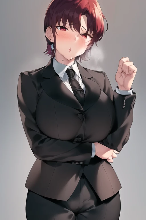 masterpiece, Highest quality, 、A person who writes in detail、Accurate human body、Knowledgeable person、Accurate 5 fingers,Mature Woman,Thick thighs,( Large Breasts,Facing forward、Are standing, See the viewers, Curvy Body,bazett, fgo, One Girl, alone, short hair, Redhead, bangs, Red eyes, Big Breasts、Formal suit, tie,black jacket,Earrings, Black trousers、White shirt、, Black gloves, ,((Blowjob Gestures:1.5)),One girl,blush,Open_moutsideh,tongue_outside,, Heavy breathing ,Embarrassed face、Sweating all over the body、vapor、Pussy juice,Putting a man&#39;s penis in your mouth、目の中にHeart symbol、Happy、Heart symbol、