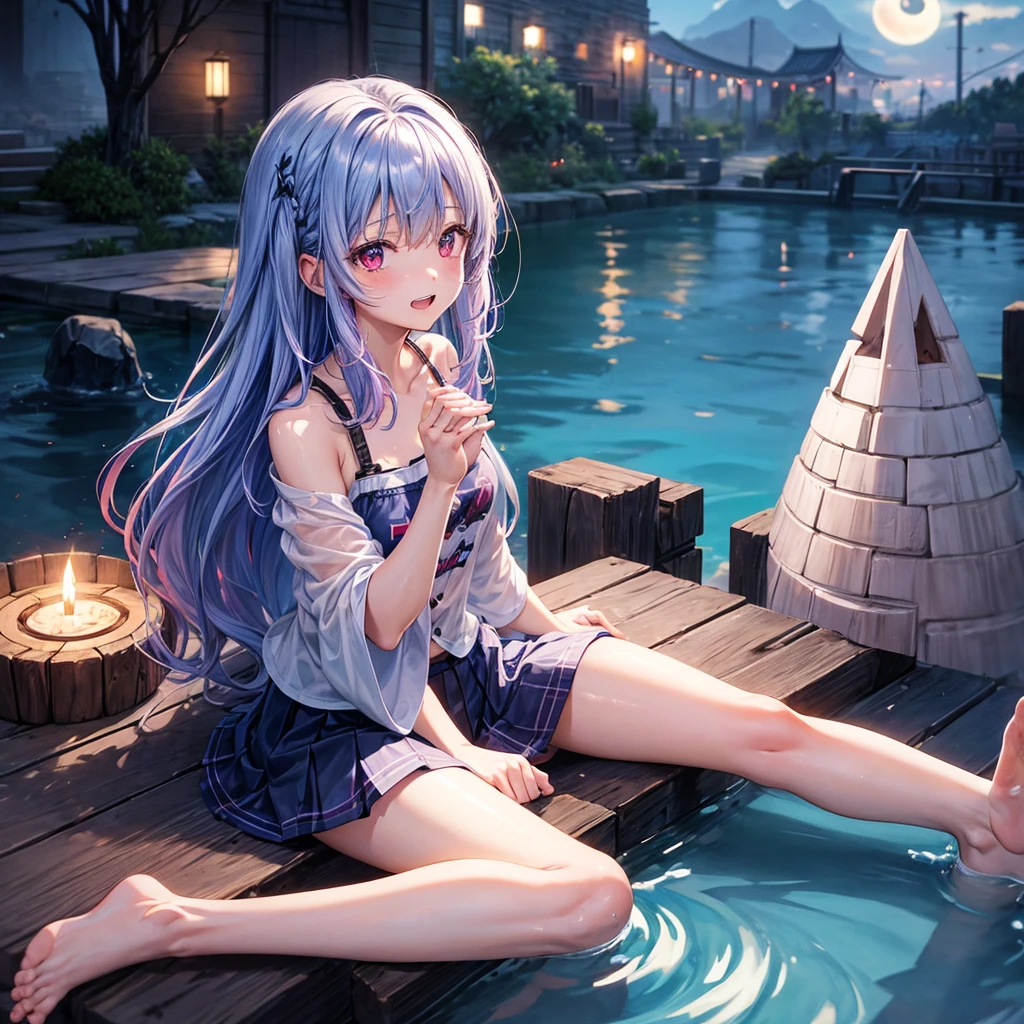 Blue-light purple hair、Red eyes、One cute girl、solo、And soul、Light clothing、Checked mini skirt、petal、Wet hair、Sit on、black t-shirts、Has a button、large tree、cloud、Red full moon、desert、barefoot、Stones are piled up、Teeth are visible、Secret Treasure、Wooden chair、Fortress City、water is gushing out、Tilting face、Hands together