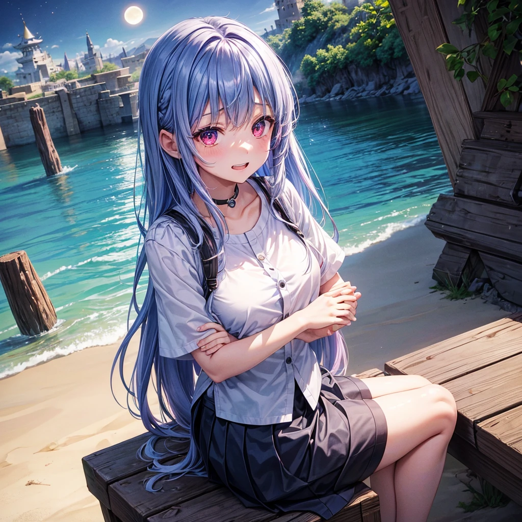 Blue-light purple hair、Red eyes、One cute girl、solo、And soul、Light clothing、Checked mini skirt、petal、Wet hair、Sit on、black t-shirts、Has a button、large tree、cloud、Red full moon、desert、barefoot、Stones are piled up、Teeth are visible、Secret Treasure、Wooden chair、Fortress City、water is gushing out、Tilting face、Hands together