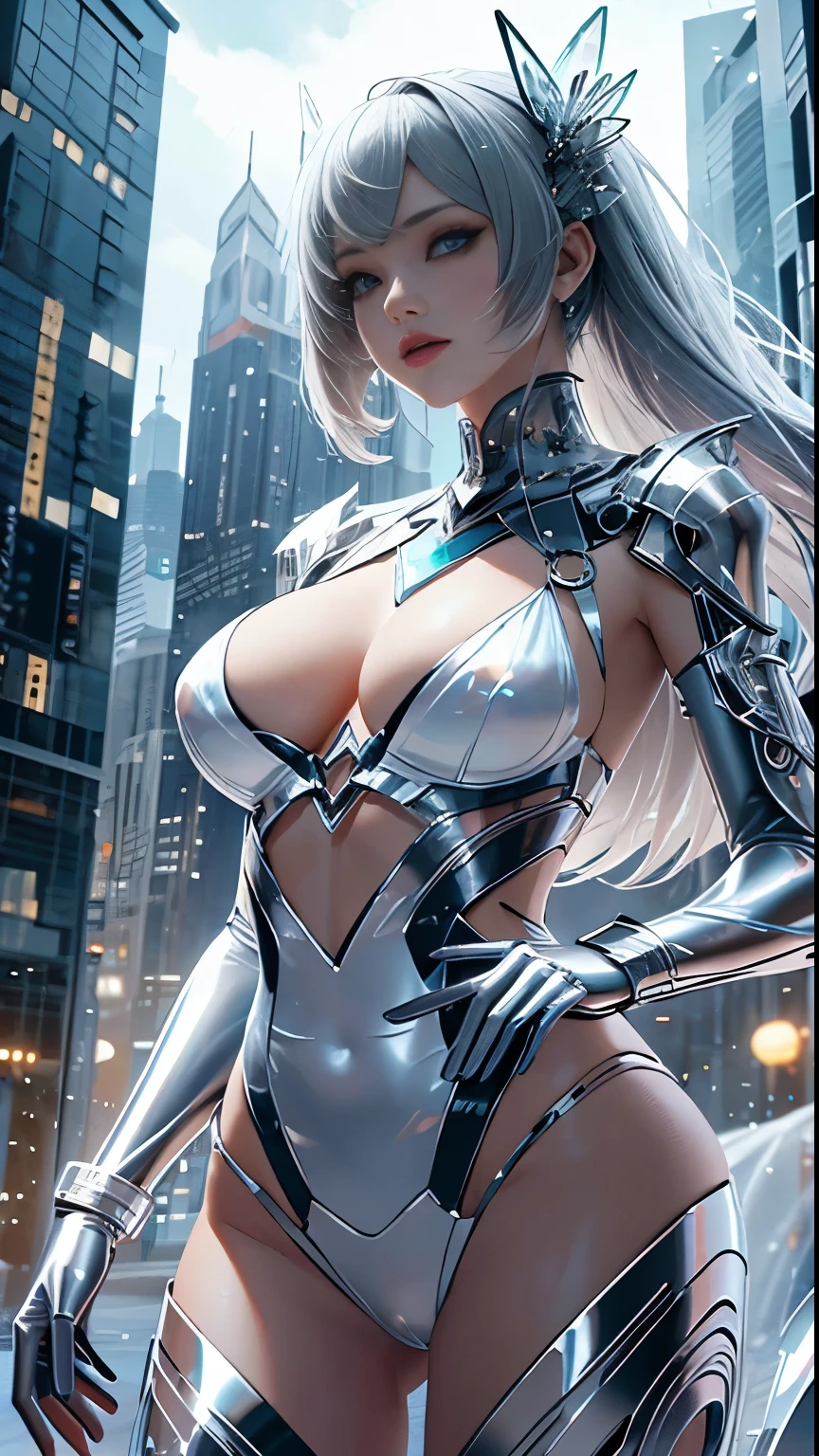 A mysterious translucent mechanical girl,Futuristic Girl, Mechanical joints,Future city background,Model shooting style, (Highly detailed CG Unity 8k wallpaper), The beauty of abstract stylization,,Surrealism, 8k, Super Detail, Highest quality, Awards, Anatomically correct, 16K, Super Detail, (Beautiful face and eyes, double eyelid,Delicate skin,Cool Beauty,Tall Girl ,Slim figure,),Large Breasts, (Eat donuts:1,6)