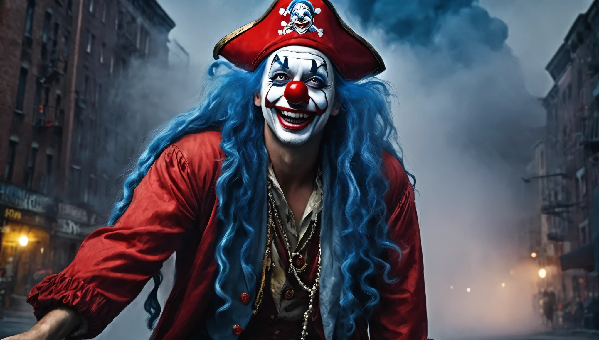 masterpiece, best quality, extremely detailed, hyperrealistic, photorealistic, a cool 40s man, ultra detailed face, clown makeup, red pirate hat, white skin, red nose, long blue hair, city, in the night, nightmarish, mystical fog, smoke, laughing, raising hands