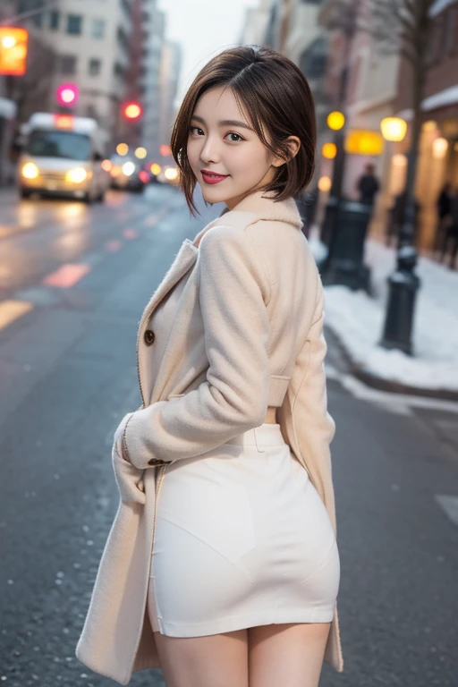 Highest quality, 4K, 8k, Detailed face, Clear Face, Cute Girls, Korean Makeup, Red lips, smile, Perfect body,Straight short hair to the shoulders,Small breasts,thigh,slim,thin, The girl is wearing a long, wide coat, Under the jacket was a top tube and pantyhose., Lower abdomen, Snow Scene, winter, street,Accentuate your butt、(Panty lines、Panty lines showing through the skirt)