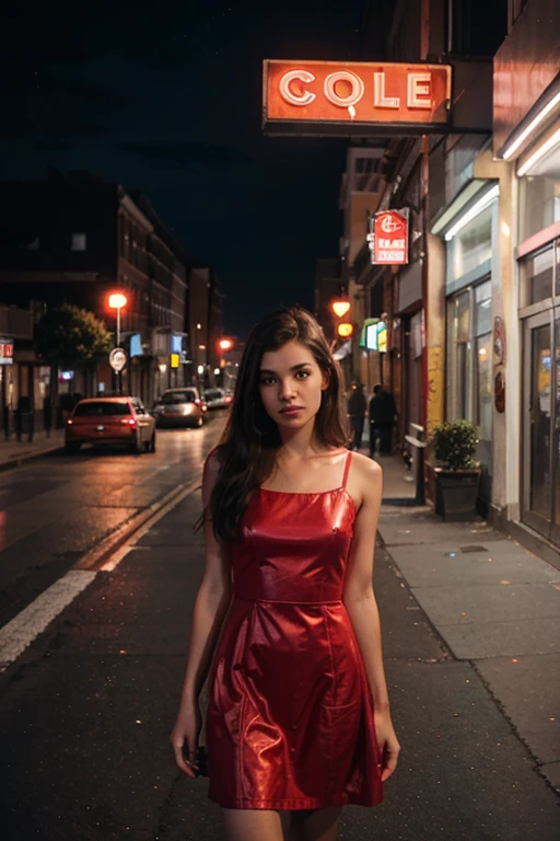 a girl in red dress about 20 years old standing on the street in the middle of city. in background, a red car, higher buildings, neon lights. night view. fashion photography.