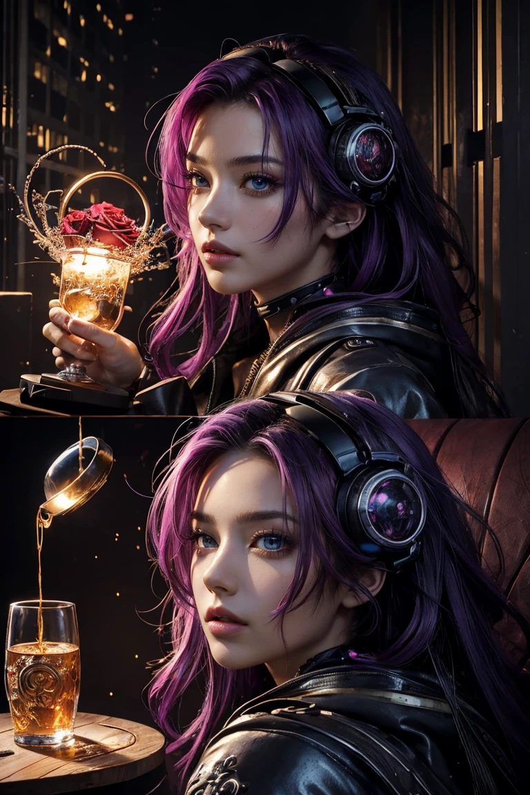(masterpiece, Highest quality, Highest quality, Official Art, beautifully、beautiful:1.2), (One Man), extreme detailed,(Abstract),Colorful Hair,highest detailed, detailed_eye, Rose,Have the Holy Grail,cyber punk,Lightning, Light_particle,