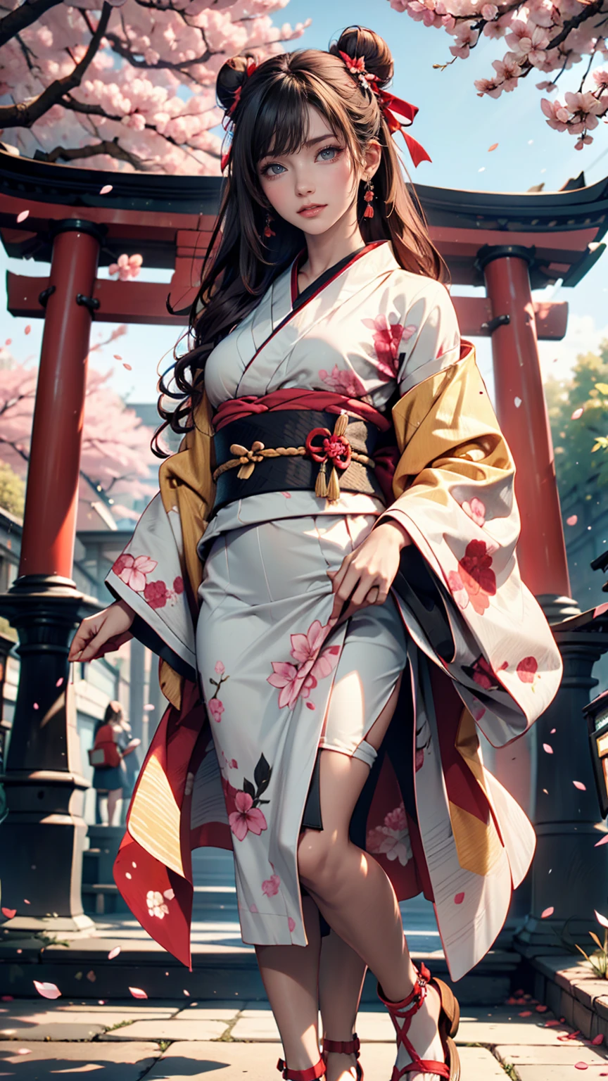 ((masterpiece,Highest quality)),Two Girls, black kimono, Black legwear, black ribbon, Black Hair, cherry blossoms, Day, flower, Hair Bun, hair ribbon, kimono, kimono, Long Hair, View your viewers, Recall , Multiple Girls, belt, Outdoor, Red eyes, Redhead, ribbon, Sandals, Single Pan, stage, Are standing, picture, torii, wood, white kimono, Yellow Eyes