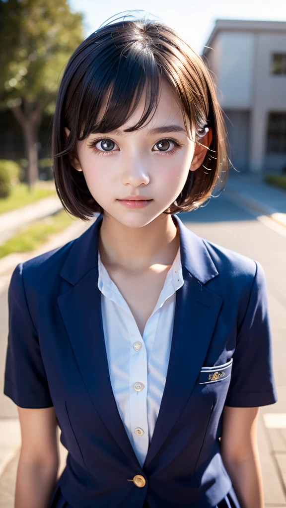 One Girl,(1人のとてもcute女の子:1.3),masterpiece,Highest quality,High resolution,From below,Low - Angle,Photorealistic,RAW Photos,Ray Tracing,Physically Based Rendering,beautiful girl,(15 years old:1.3),cute,Big eyes,(detailed pupils:1.2),(The face is facing straight ahead:1.3),Body facing forward,Beautiful nose,Upturned nose,Fuller lips,Short black hair,ponytail,short hair,Detailed eyelashes,Thin eyebrows,Very fine grain definition,(Symmetrical eyes,Golden Ratio:1.3),(Face Focus:1.0),Small breasts,Short neck,Navy Blue Blazer,Red checked pleated skirt,School uniforms,coastal,Blue sky,White cloud,School uniforms,Portrait,View Viewer,Upper Body,Cinema Lighting,High resolution,Very detailed