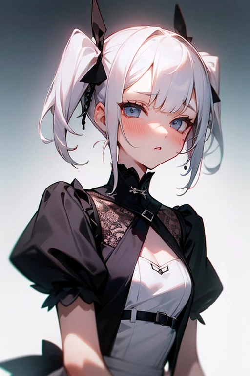 Short white hair, blush, White Dress、Punk Fashion、Headbang 2.、Twin tails、sharp、Black lace、(elegant).(the face remains the same).