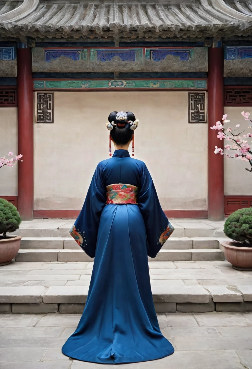 The image shows the back view of the empress of the Qing dynasty in China. Her large breasts and large bare buttocks are visible as her loincloth has slipped off. Her hair is tied up and pulled up, with a gorgeous flower ornament on both sides.、Chinese style Qing Dynasty empress crown background on stone pavement outside the Chinese palace of the Qing Dynasty