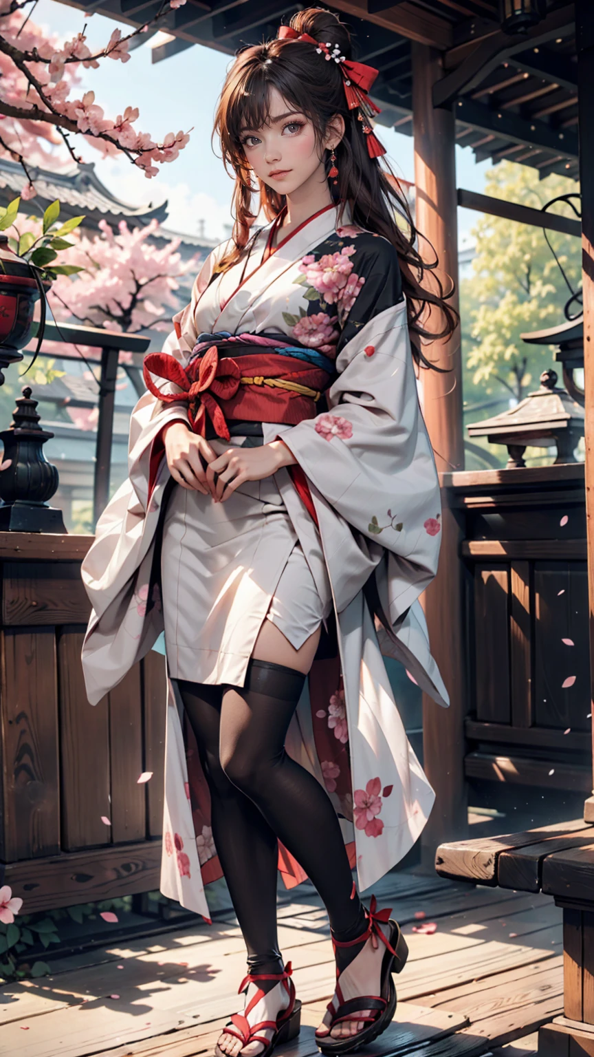 ((masterpiece,Highest quality)),Two Girls, black kimono, Black legwear, black ribbon, Black Hair, cherry blossoms, Day, flower, Hair Bun, hair ribbon, kimono, kimono, Long Hair, View your viewers, Recall , Multiple Girls, belt, Outdoor, Red eyes, Redhead, ribbon, Sandals, Single Pan, stage, Are standing, picture, torii, wood, white kimono, Yellow Eyes