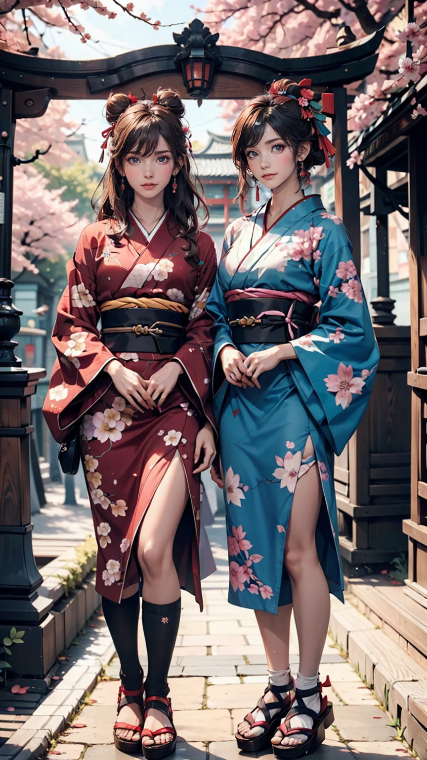 ((masterpiece,Highest quality)),Two Girls, black kimono, Black legwear, black ribbon, Black Hair, cherry blossoms, Day, flower, Hair Bun, hair ribbon, kimono, kimono, Long Hair, View your viewers, Recall , Multiple Girls, belt, Outdoor, Red eyes, Redhead, ribbon, Sandals, Single Pan, stage, Are standing, picture, torii, wood, white kimono, Yellow Eyes