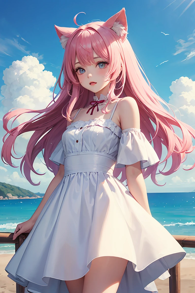 (score_9,score_8_up,score_7_up,score_6_up,score_5_up,score_4_up),(masterpiece, top quality, best quality, official art, beautiful and aesthetic:1.2), animation,, , 1girl with cat ear, perfect figure, pink hair, complex details, animation style, secondary style, seaside, shy and tweaking, white dress, pink hair ,