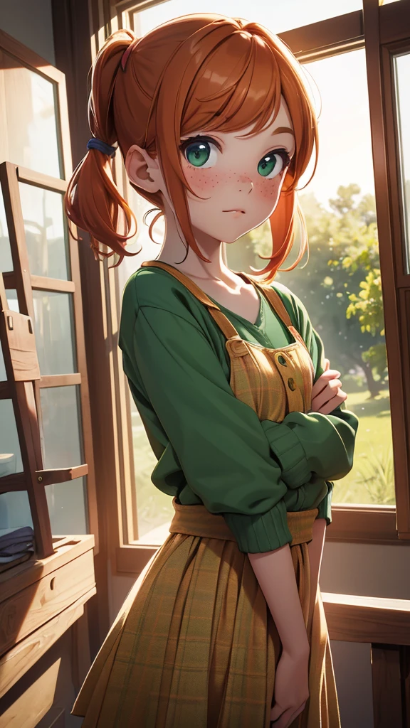 (masterpiece), (4k), )vivid colors), (evening light)  girl with ginger hair, innocent face, freckles and 2 green pigtails dressed as a flat chested girl