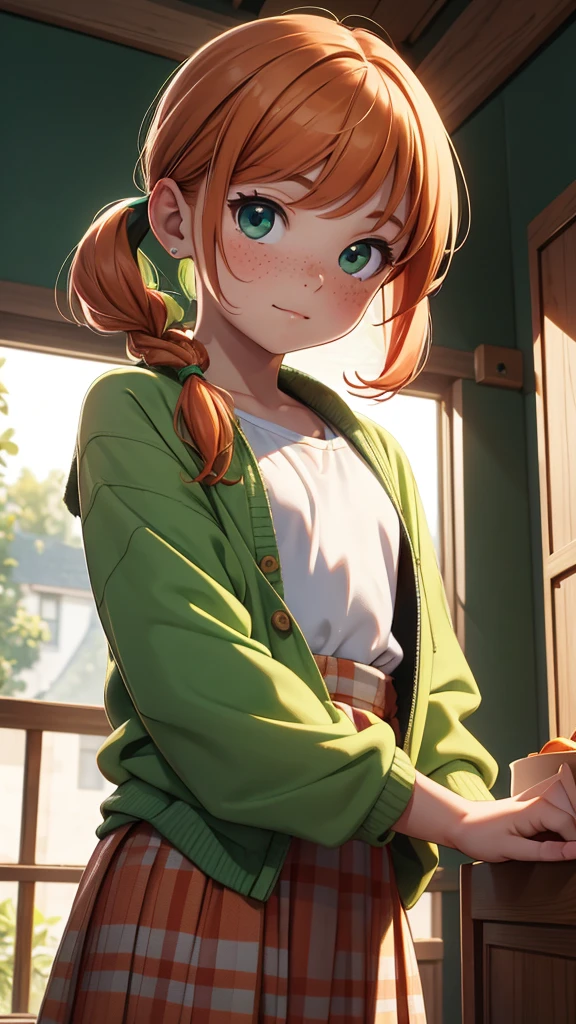 (masterpiece), (4k), )vivid colors), (evening light) 11 year old girl with ginger hair, innocent face, freckles and 2 green pigtails dressed as a flat chested girl