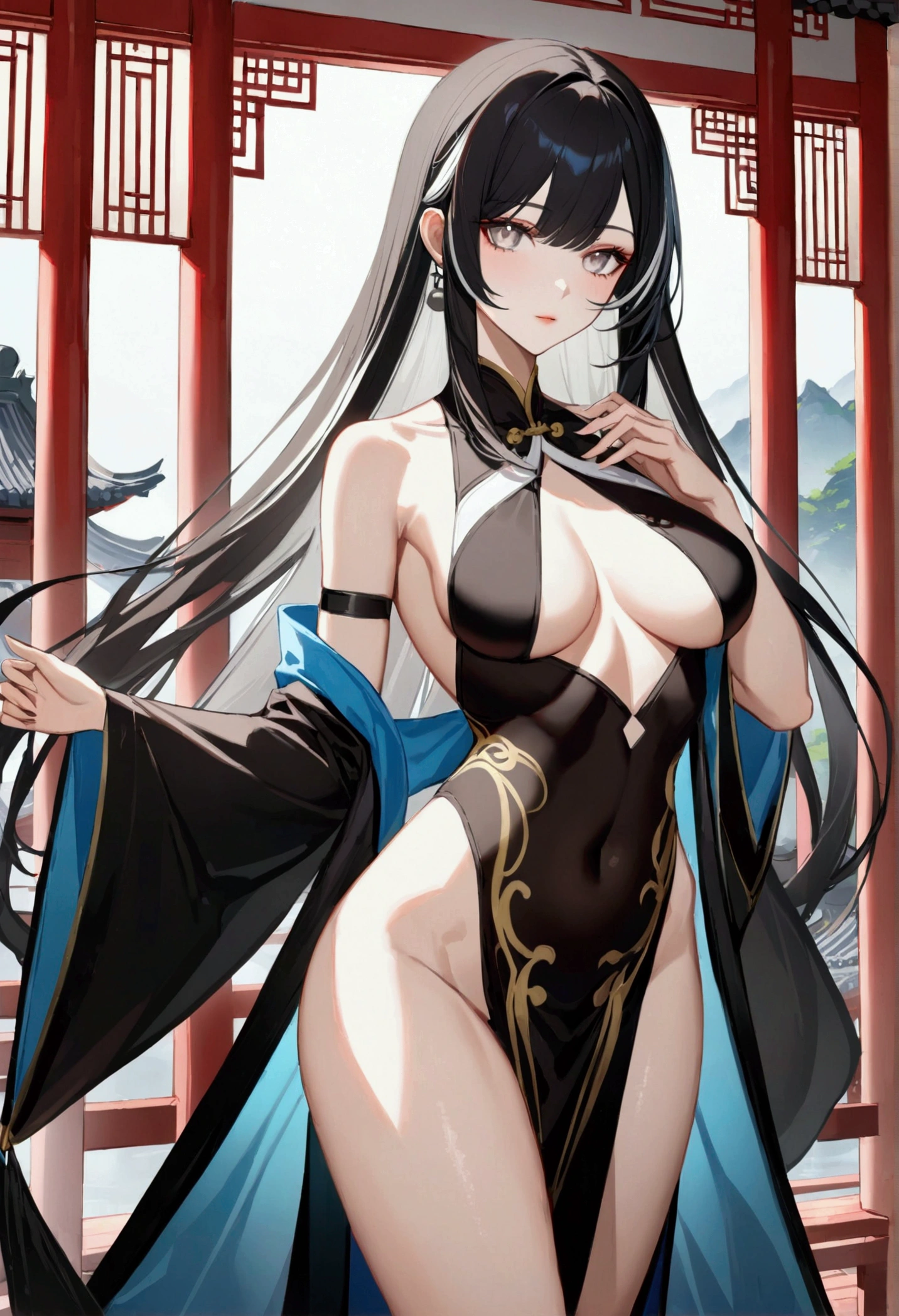 Moe anime illustration、High resolution、A woman exposing her nipples and genitals、colorful robes、Completely naked、Erotic Bodysuit、Close-up of people、archaic smile、big breasts、NIKKE、sexual intercourse